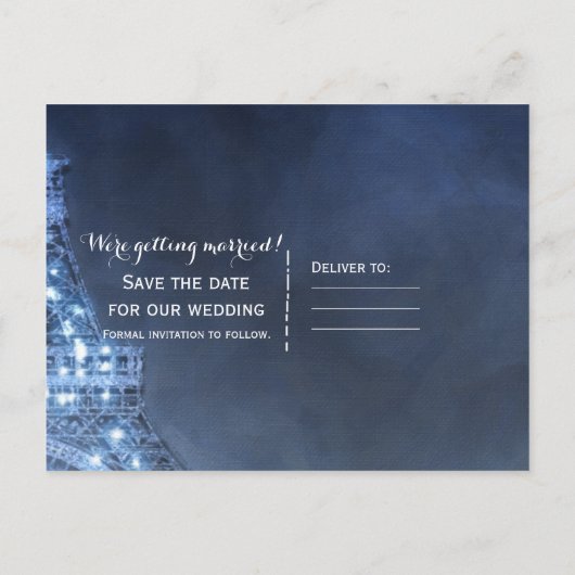 Blaue Nacht im Pariser Eiffelturm Save the Date Ankündigungspostkarte (Rückseite)