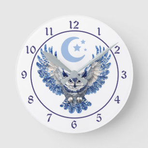 Blaue Nachteule und Mond Runde Wanduhr