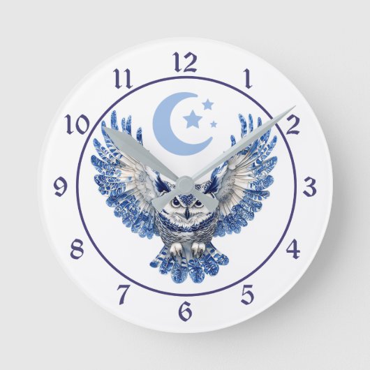 Blaue Nachteule und Mond Runde Wanduhr (Vorderseite)