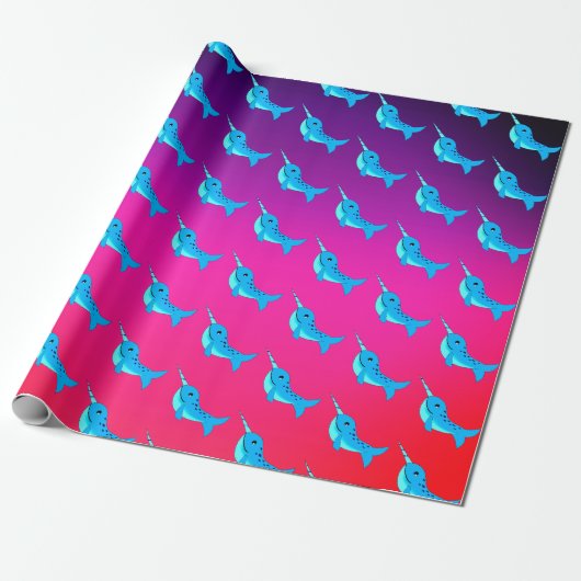 Blaue Narwalmuster auf Navy Blue Cartoon Geschenkpapier (Ungerollt)