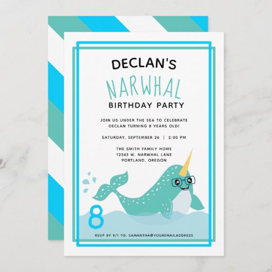 Blaue Narwhal unter dem Arktischen Ozean Geburtsta Einladung (Vorne/Hinten)