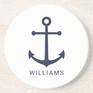 Blaue Navy-Anker und Individuelle Name auf Weiß Getränkeuntersetzer
