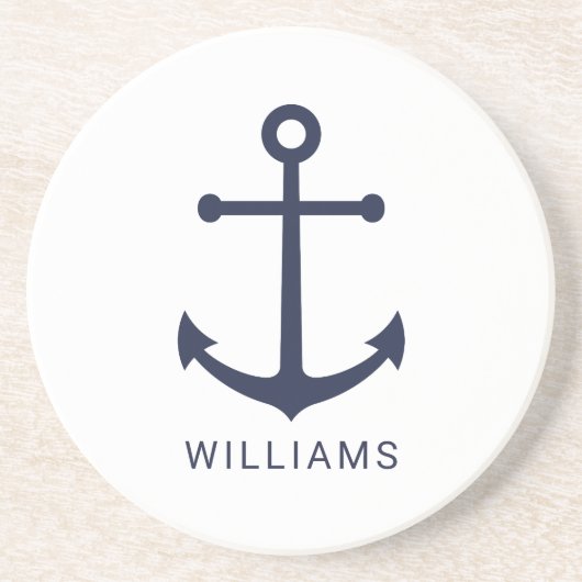 Blaue Navy-Anker und Individuelle Name auf Weiß Getränkeuntersetzer (Vorne)
