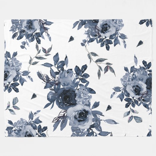 Blaue Navy Blumen auf Weiß Fleecedecke (Vorderseite (Horizontal))