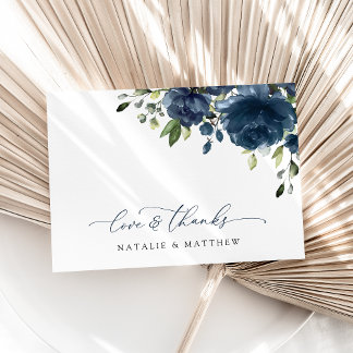 Blaue Navy Blumen, Grüne, Boho, Blumenhochzeit Dankeskarte