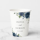 Blaue Navy Blumen, Grüne, Boho, Blumenhochzeit Pappbecher (Rückseite)