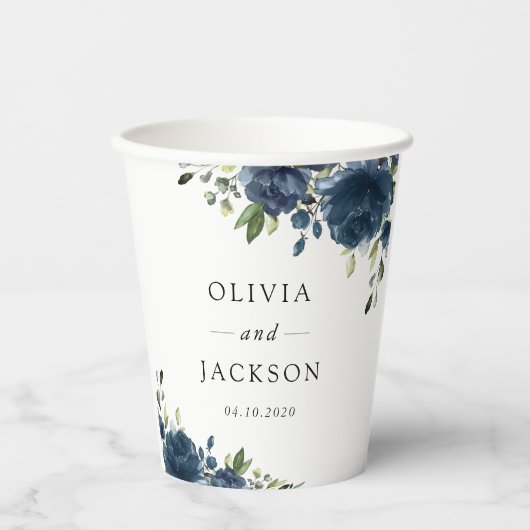 Blaue Navy Blumen, Grüne, Boho, Blumenhochzeit Pappbecher (Vorderseite)