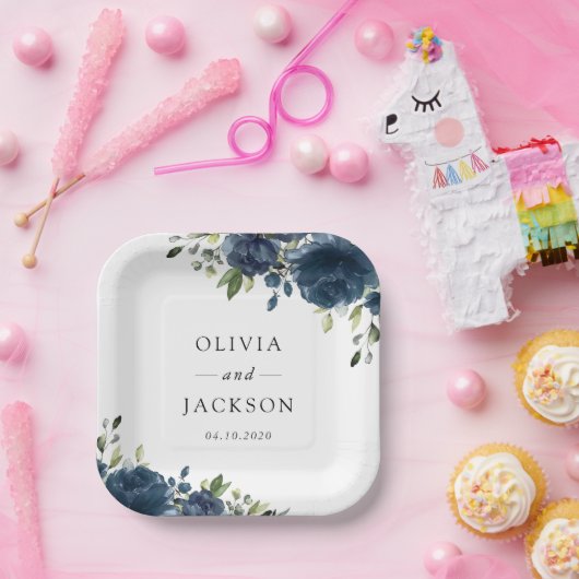 Blaue Navy Blumen, Grüne, Boho, Blumenhochzeit Pappteller (Party)