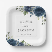 Blaue Navy Blumen, Grüne, Boho, Blumenhochzeit Pappteller (Vorderseite)