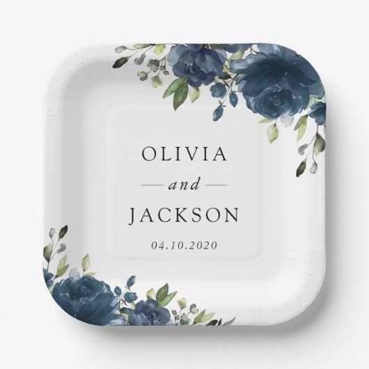 Blaue Navy Blumen, Grüne, Boho, Blumenhochzeit Pappteller (Vorderseite)