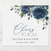 Blaue Navy Blumen, Grüne, Boho, Blumenhochzeit Schaumweinetikett (Einzelnes Label)