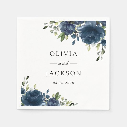 Blaue Navy Blumen, Grüne, Boho, Blumenhochzeit Serviette (Vorderseite)