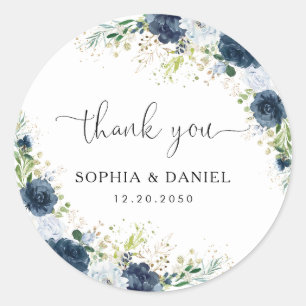 Blaue Navy-Blumen-Hochzeit Klassischer Rund Aufkle Runder Aufkleber