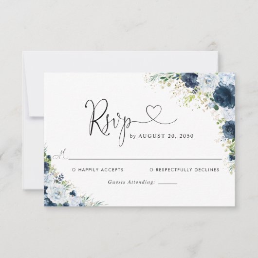 Blaue Navy Blumen Hochzeit RSVP Karte (Vorderseite)