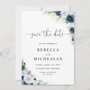 Blaue Navy Blumen Hochzeit Termin merken Einladung