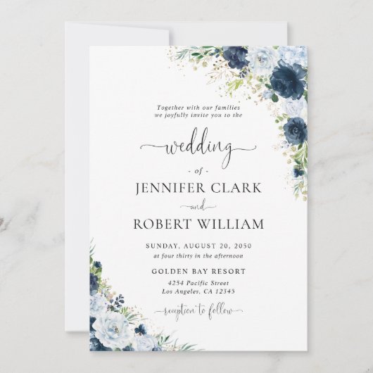 Blaue Navy-Blumen-Hochzeitseinladung Einladung (Vorderseite)