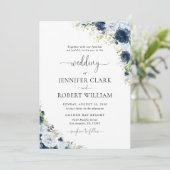 Blaue Navy-Blumen-Hochzeitseinladung Einladung (Stehend Vorderseite)