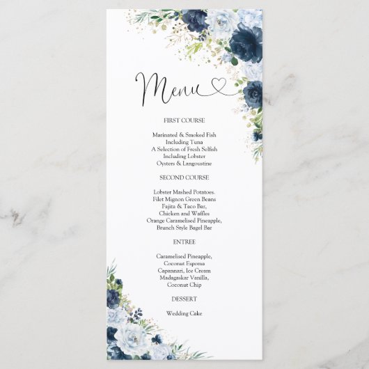 Blaue Navy-Blumen-Hochzeitsmenü Menükarte (Vorderseite)