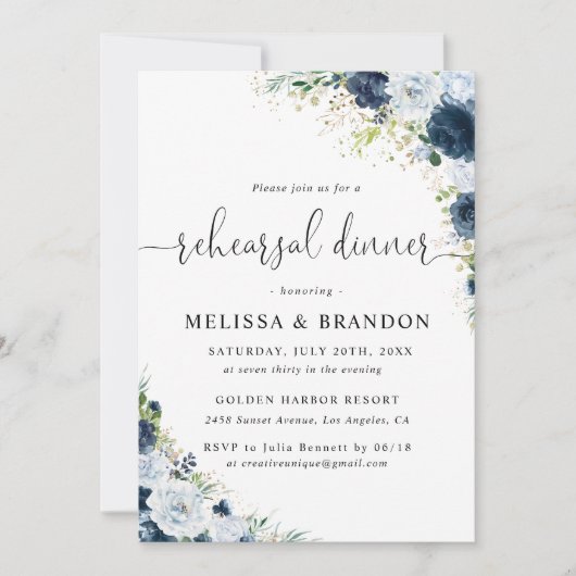 Blaue Navy-Blumen-Hochzeitsprobe-Dinner Einladung (Vorderseite)