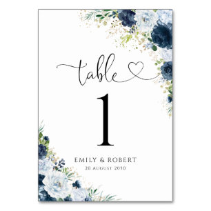 Blaue Navy-Blumen-Hochzeitstisch-Nummern Tischnummer