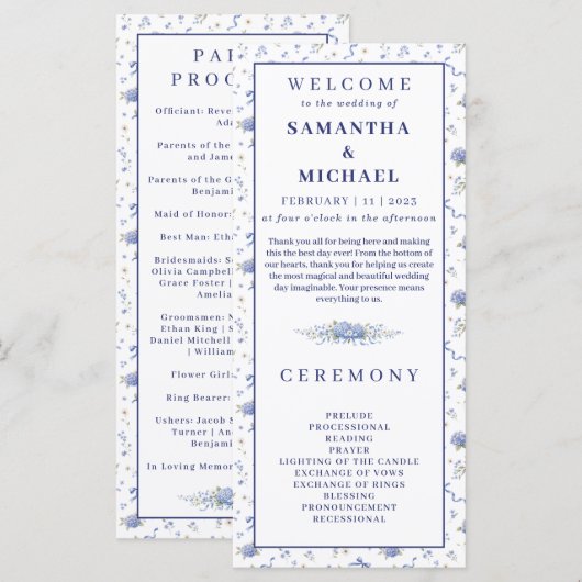 Blaue Navy-Blumen Kleines Blumenhochzeitsprogramm Menükarte (Vorne/Hinten)