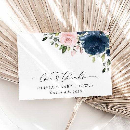 Blaue Navy Blumen, rosa Blume, Babydusche Dankeskarte