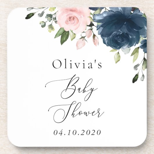 Blaue Navy Blumen, rosa Blume, Babydusche Getränkeuntersetzer (Vorderseite)