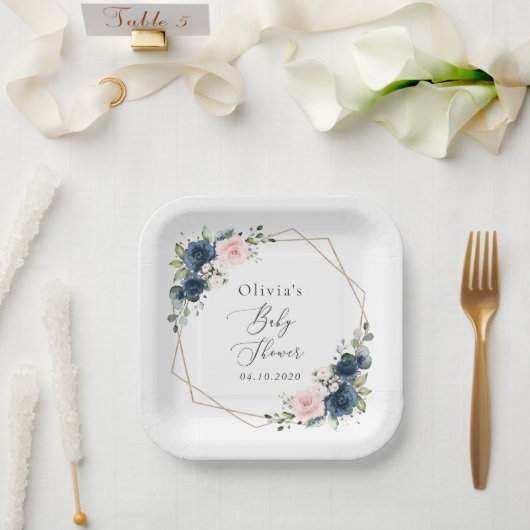 Blaue Navy Blumen, rosa Blume, Babydusche Pappteller (Hochzeit)
