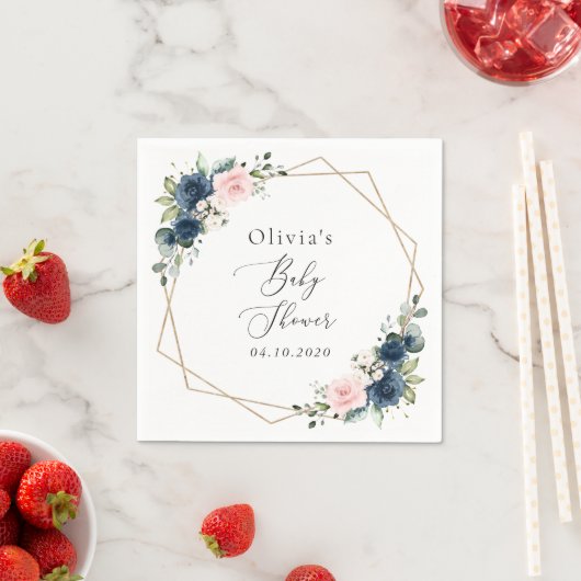 Blaue Navy Blumen, rosa Blume, Babydusche Serviette (Beispiel)