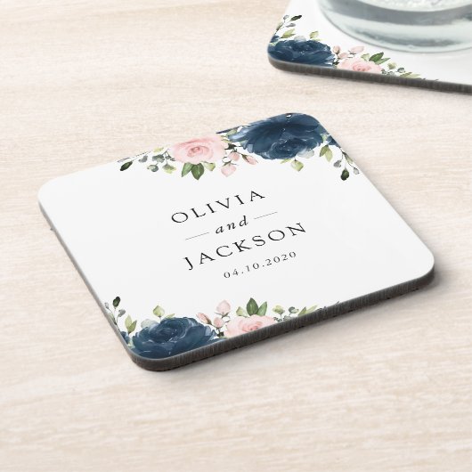 Blaue Navy Blumen, rosa Blume, Blumenzehen Getränkeuntersetzer (Linke Seite)