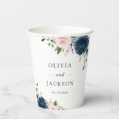 Blaue Navy Blumen, rosa Blume, Blumenzehen Pappbecher (Rückseite)