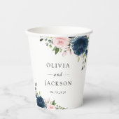 Blaue Navy Blumen, rosa Blume, Blumenzehen Pappbecher (Vorderseite)