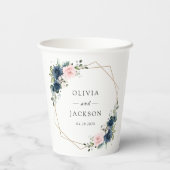 Blaue Navy Blumen, rosa Blume, Blumenzehen Pappbecher (Rückseite)