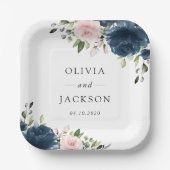 Blaue Navy Blumen, rosa Blume, Blumenzehen Pappteller (Vorderseite)