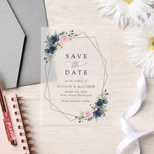 Blaue Navy Blumen, rosa Blume, Blumenzehen Pergament Einladungen (Hochzeit)