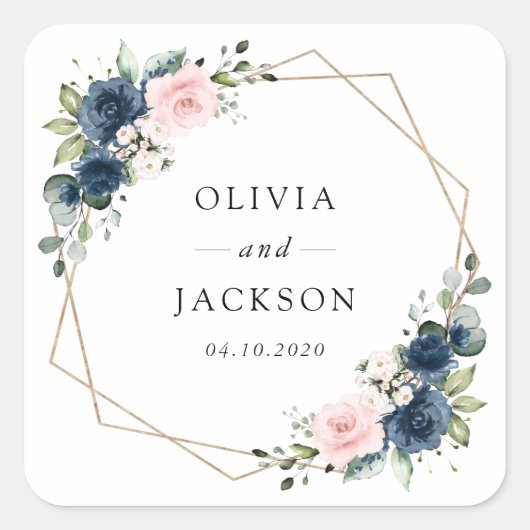 Blaue Navy Blumen, rosa Blume, Blumenzehen Quadratischer Aufkleber (Vorderseite)