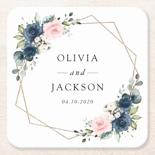 Blaue Navy Blumen, rosa Blume, Blumenzehen Rechteckiger Pappuntersetzer (Vorderseite)