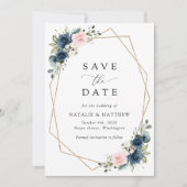 Blaue Navy Blumen, rosa Blume, Blumenzehen Save The Date (Vorderseite)