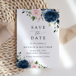 Blaue Navy Blumen, rosa Blume, Blumenzehen Save The Date