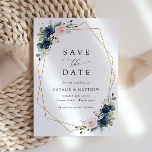 Blaue Navy Blumen, rosa Blume, Blumenzehen Save The Date