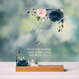 Blaue Navy Blumen, rosa Blume, Boho, Mimosa Bar Acrylschild