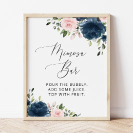 Blaue Navy Blumen, rosa Blume, Boho, Mimosa Bar Poster