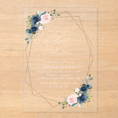 Blaue Navy Blumen, rosa Blume, Boho, Sweet 16 Acryleinladungen (Vorderseite)