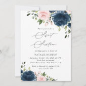 Blaue Navy Blumen, rosa Blume, Boho, Sweet 16 Einladung (Vorderseite)