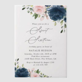 Blaue Navy Blumen, rosa Blume, Boho, Sweet 16 Pergament Einladungen