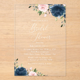 Blaue Navy Blumen, rosa Blume, Brautparty Acryleinladungen
