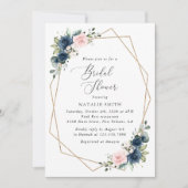 Blaue Navy Blumen, rosa Blume, Brautparty Einladung (Vorderseite)