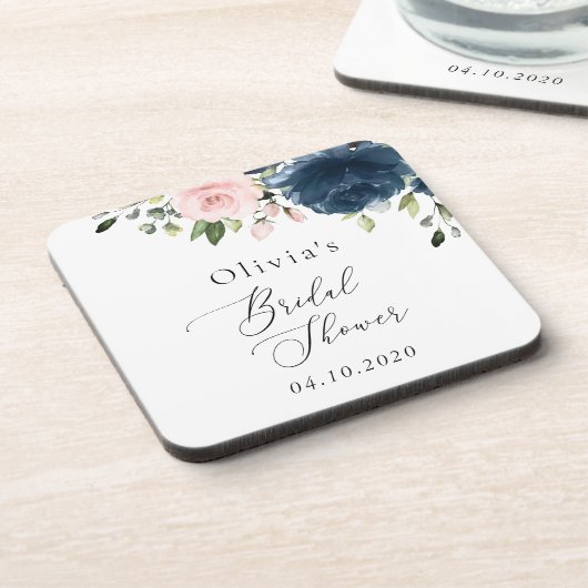 Blaue Navy Blumen, rosa Blume, Brautparty Getränkeuntersetzer (Linke Seite)