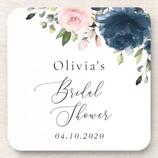 Blaue Navy Blumen, rosa Blume, Brautparty Getränkeuntersetzer (Vorderseite)