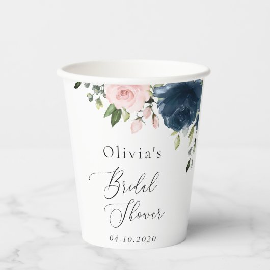 Blaue Navy Blumen, rosa Blume, Brautparty Pappbecher (Vorderseite)